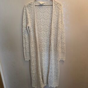 Freshman 1996 Ivory Crochet Knit Duster Cardigan Boho Longline‎ Sweater - Size L